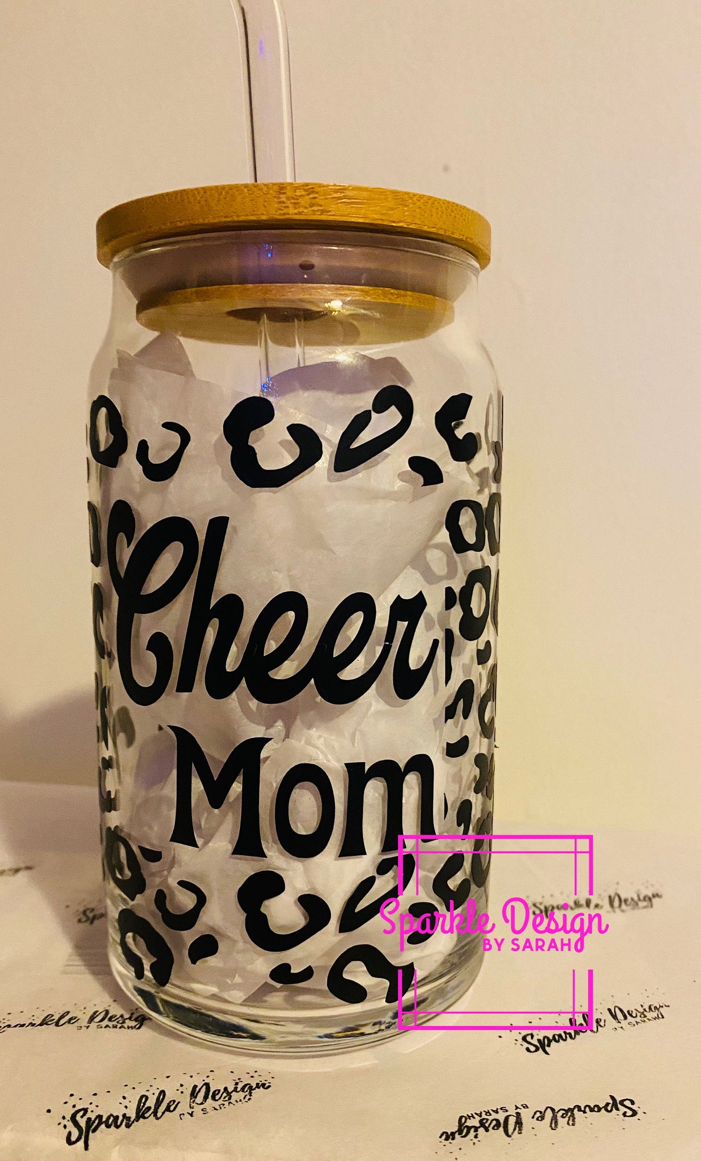 Glass cup with lid with decal,cheer mom,cheer coach and momd out