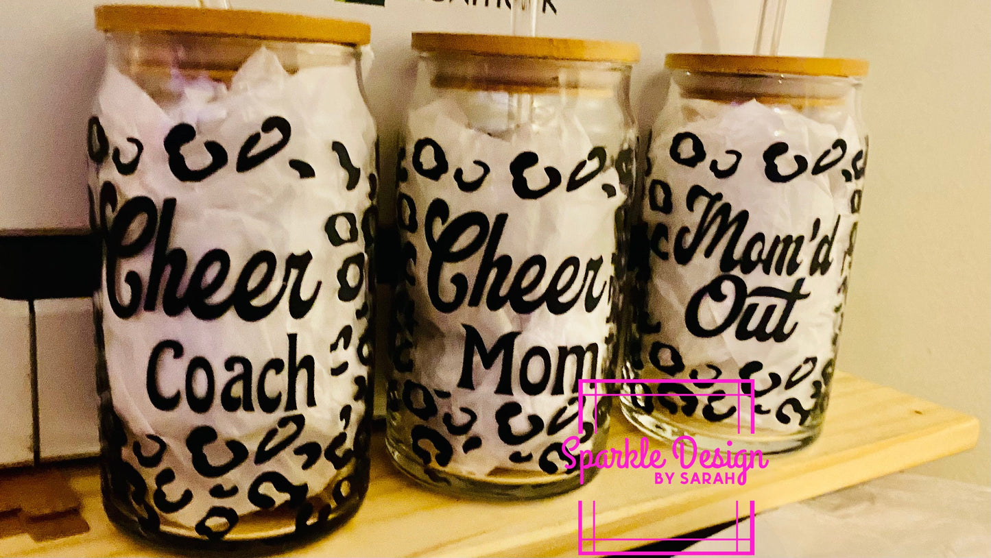 Glass cup with lid with decal,cheer mom,cheer coach and momd out