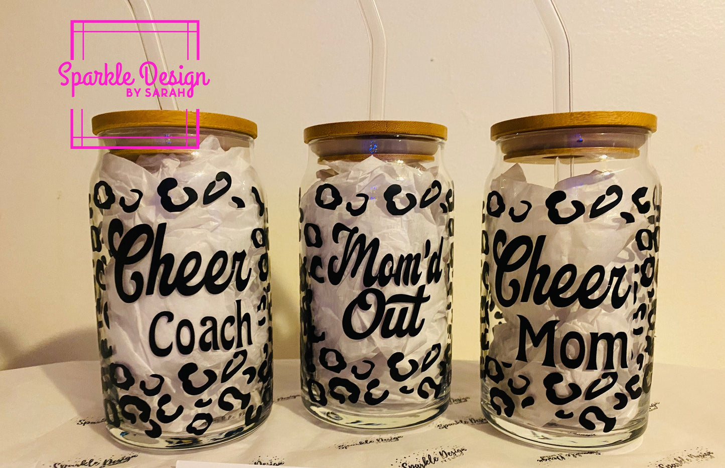 Glass cup with lid with decal,cheer mom,cheer coach and momd out