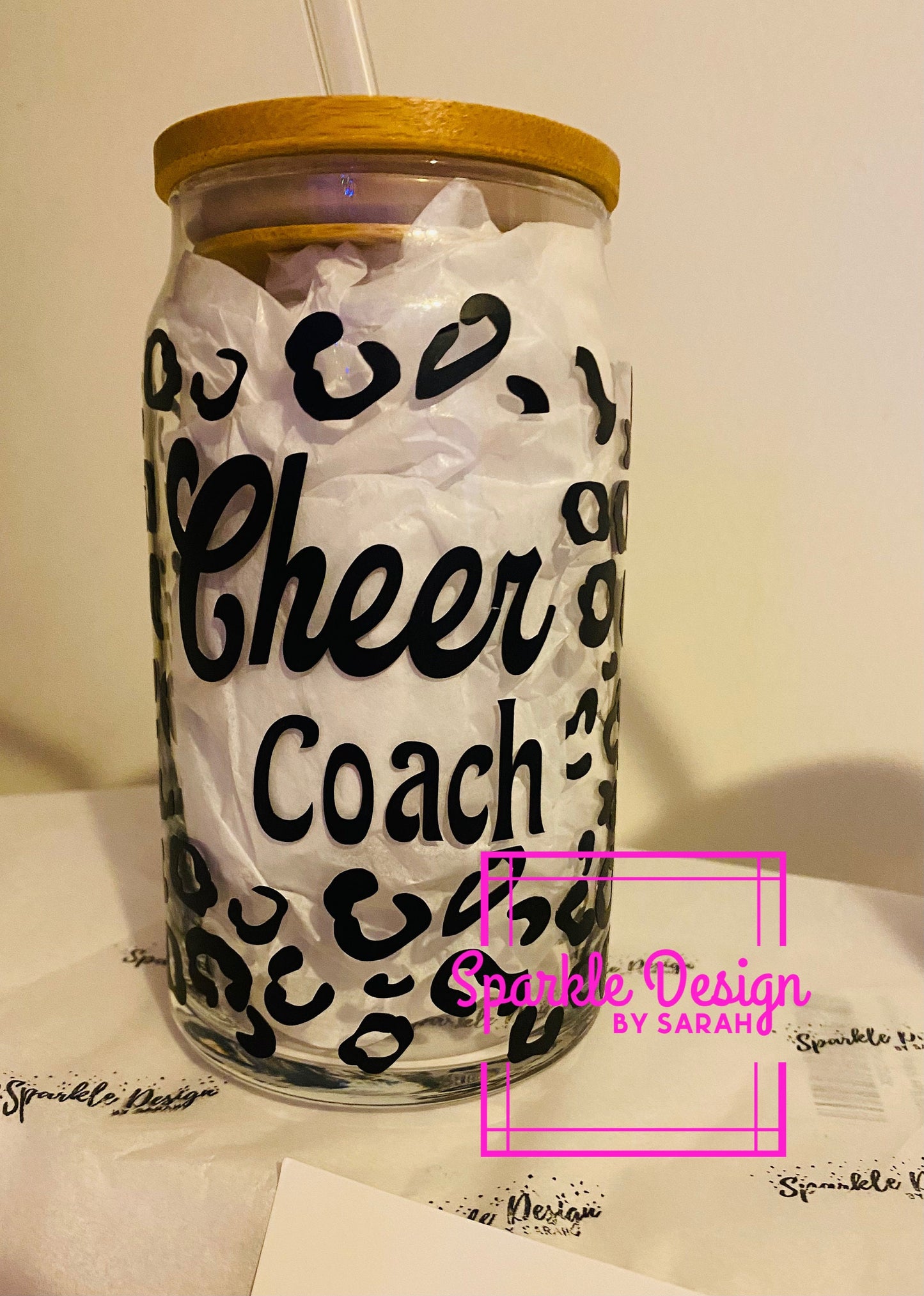 Glass cup with lid with decal,cheer mom,cheer coach and momd out