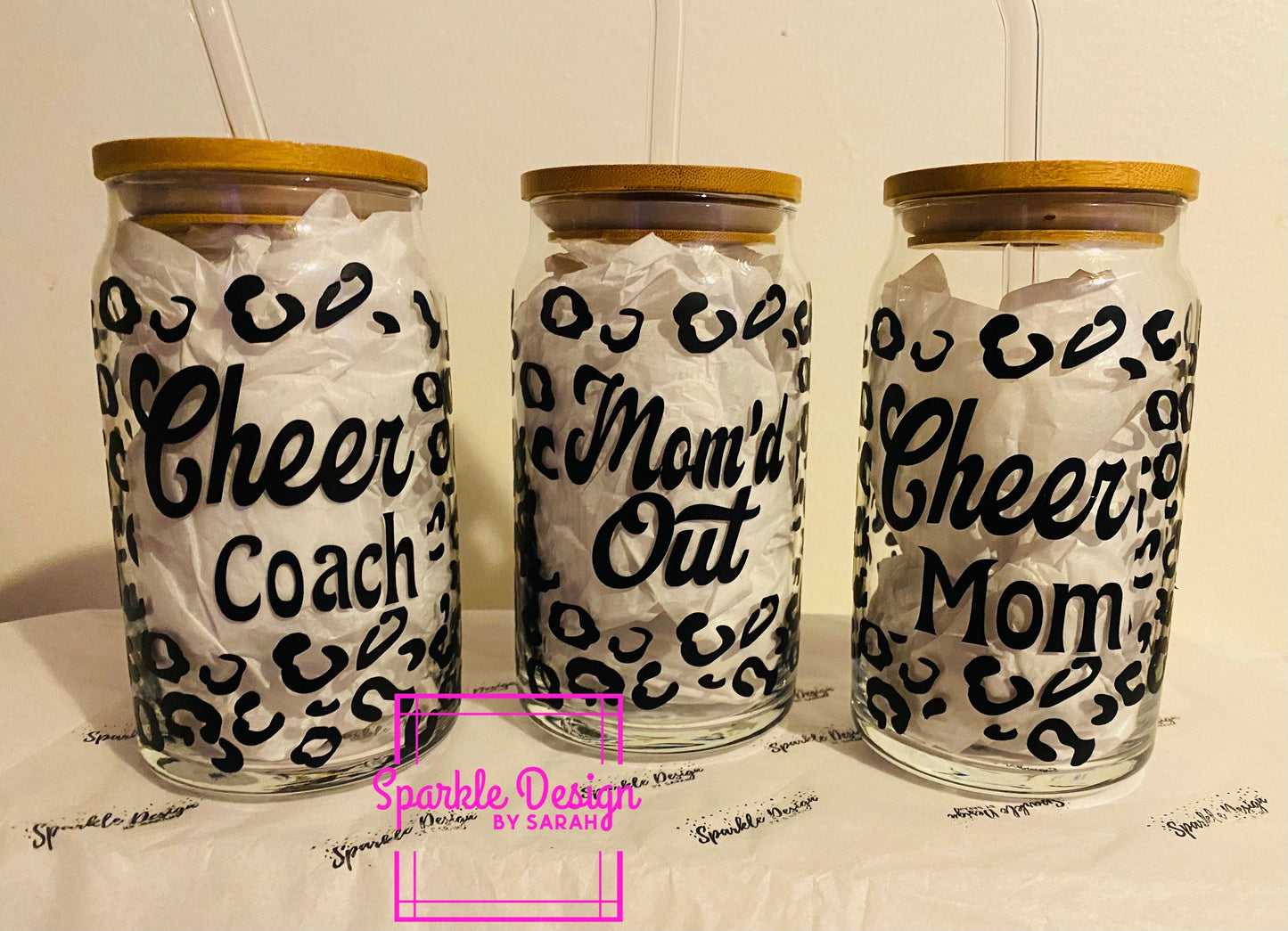 Glass cup with lid with decal,cheer mom,cheer coach and momd out